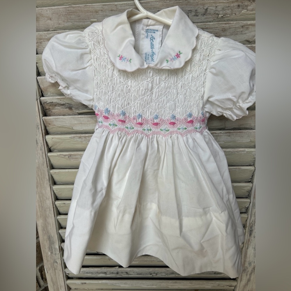 Vintage A Little Angel  Baby Dress Hand Smocked White Pink Floral 12 Months. L